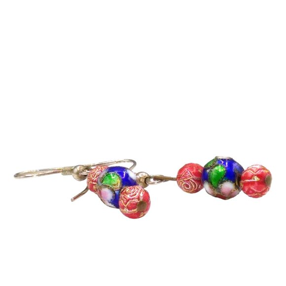 Vintage Chinese Cloisonne Earrings with Carved Rose Beads Dangles, Blue Floral - Picture 3 of 3